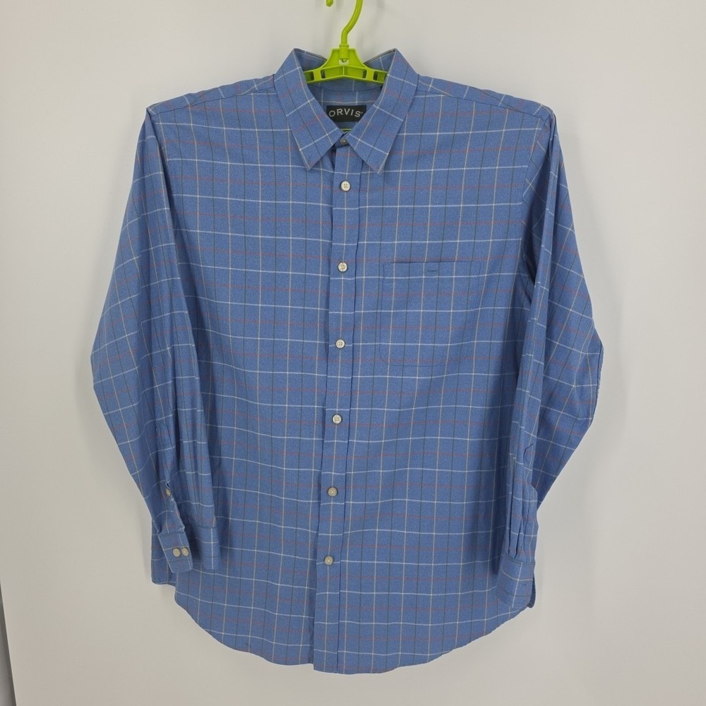 Orvis Blue White Orange Check  Country Twill Men's‎ LS Shirt Size XLT